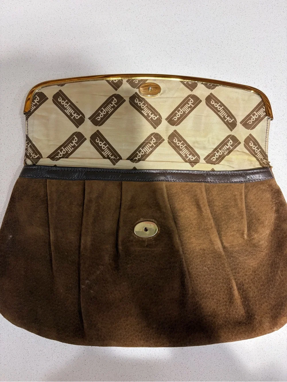 Vintage Suede Fold-Over Clutch with Leather Handle in Brown